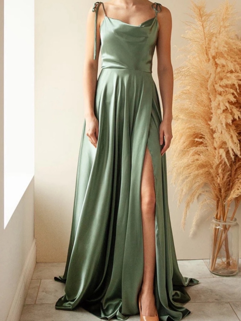 Moira Khaki | Cowl Neck Satin Maxi Dress with High Slit